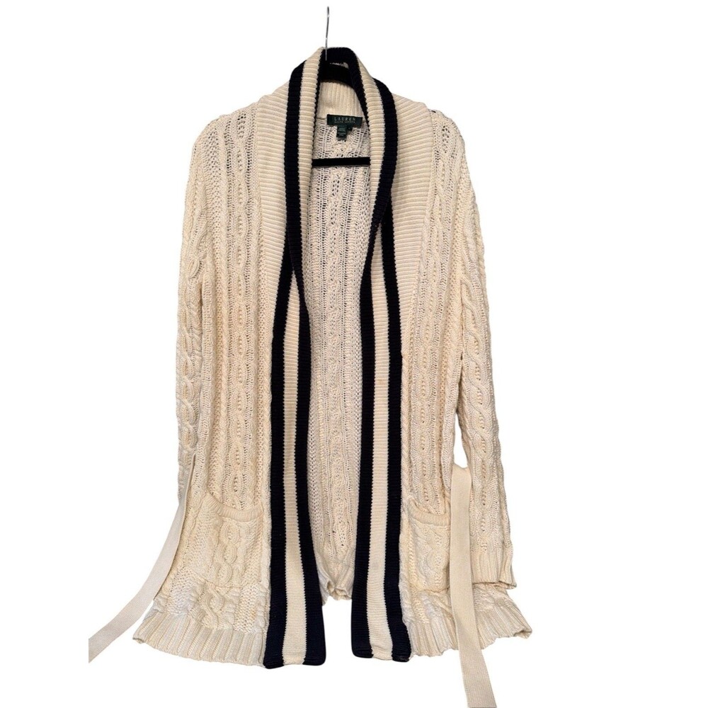 Lauren Ralph Lauren Cream Cable Knit Belted Open Cardigan Navy Trim L